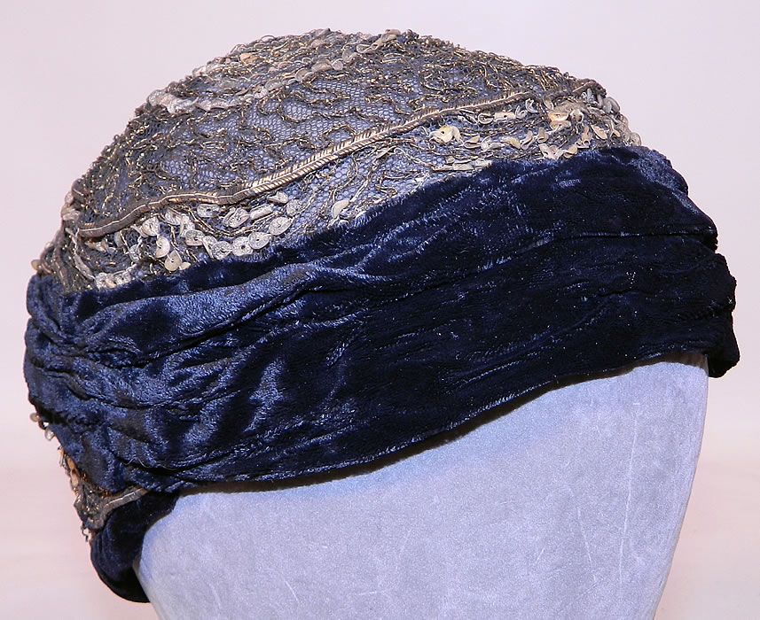 Vintage Art Deco Gold Lame Lamé Lace Net Sequin Black Velvet Flapper Cloche Hat. The hat measures 22 inches inside circumference. 