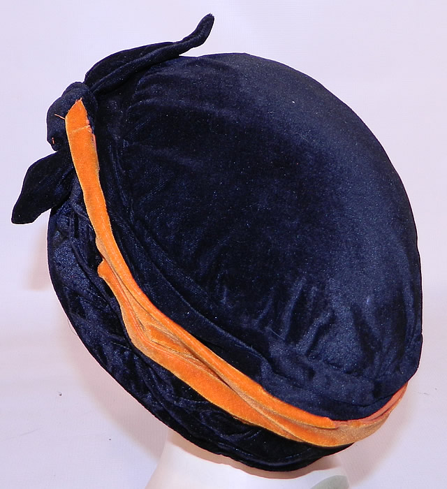 Vintage Art Deco Black & Orange Velvet Knotted Bow Trim Flapper Cloche Hat. This fabulous flapper cloche toque style hat is form fitting, brimless and fully lined inside.