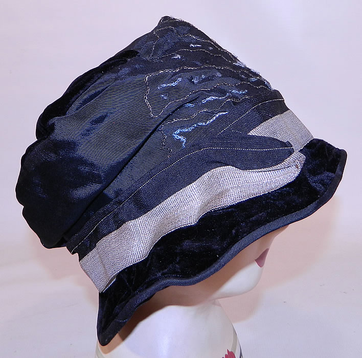 Vintage Dahlia Model Black Silk Velvet Gold Lame Lamé Embroidered Flapper Cloche Hat. The hat measures 22 inches inside circumference. 