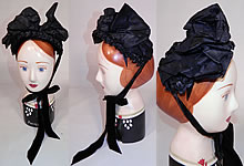 Victorian Black Straw Large Silk Bow Trim Mourning Half Bonnet Hat