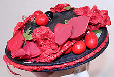 Vintage Red Straw Roses Cherries Small Skimmer Boater Tilt Hat Fascinator