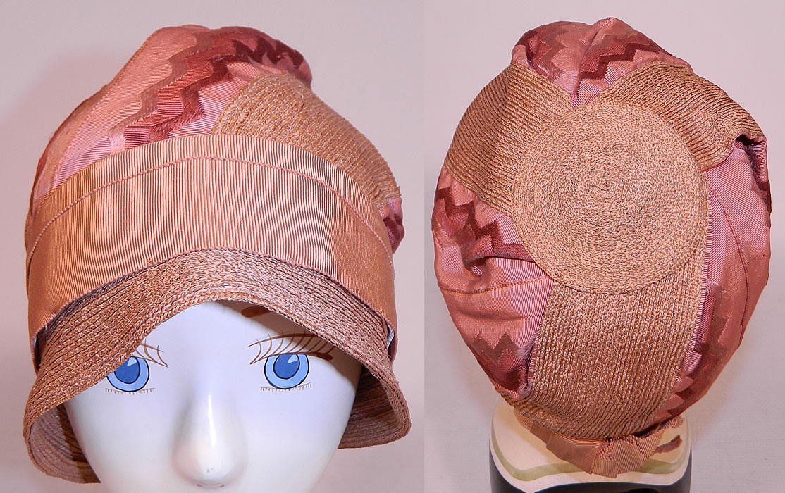 Vintage Art Deco Tango Pink Silk Ribbon & Woven Straw  Flapper Cloche Hat 
This fabulous flapper cloche style hat has a form fitting style with slight front brim and is fully lined in a silk fabric inside. 