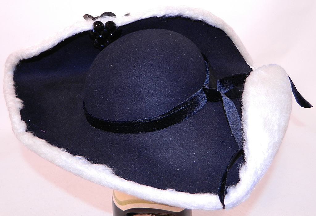 Vintage Leon Hats NY Label Black & White Felt Fur Jet Beaded Trim Tricorn Hat
