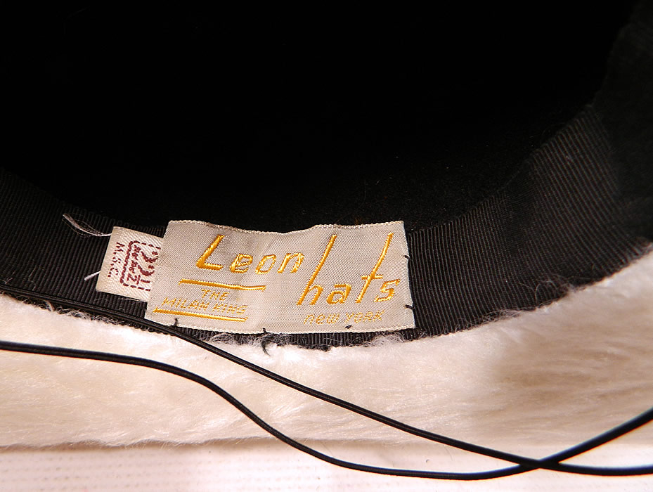 Vintage Leon Hats NY Label Black & White Felt Fur Jet Beaded Trim Tricorn Hat
There is a "Leon Hats New York" designer label, size 22 1/2 tag sewn inside. 