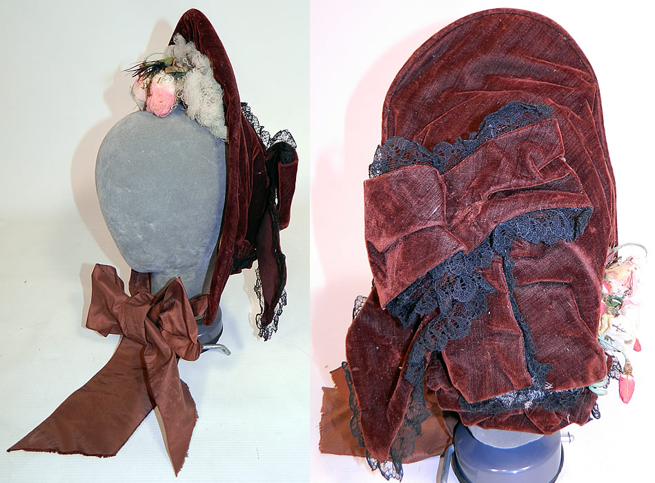 Victorian Civil War Brown Velvet Silk Roses Black Chantilly Lace Trim Drawn Spoon Bonnet.
 This beautiful bonnet hat has a rigid stiffened, lined front brim with curving spoon style sides, a curtain, cape, flounced fabric drape back and silk ribbon ties for securing under the chin. It is lined inside with an off white muslin fabric. The bonnet measures 28 inches in circumference around the face.