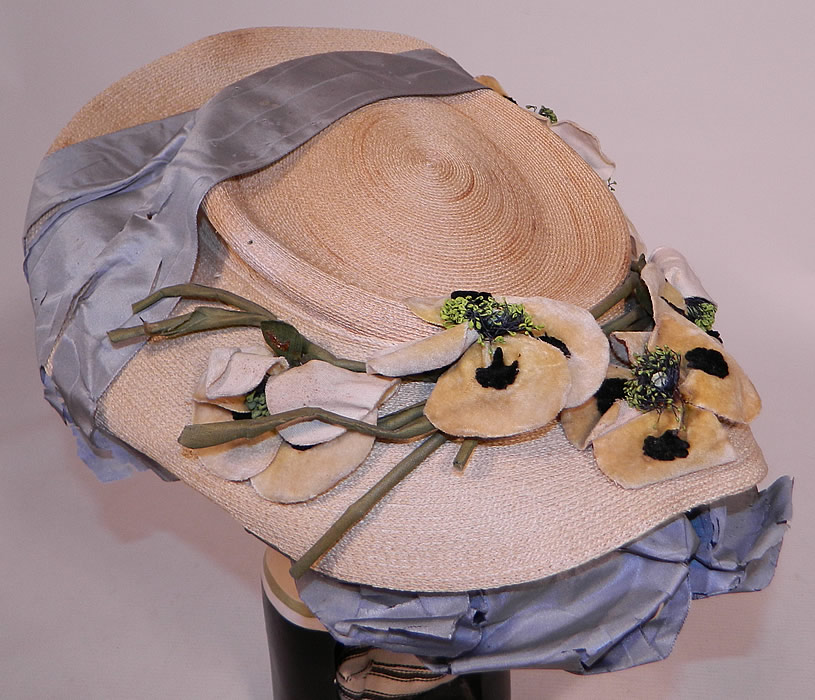 Victorian White Woven Straw Blue Silk Ribbon Floral Trim Wide Brim Gainsborough Hat
This quality made hat would have sat atop a full Gibson Girl style updo hairdo and secured with a large hat pin. 