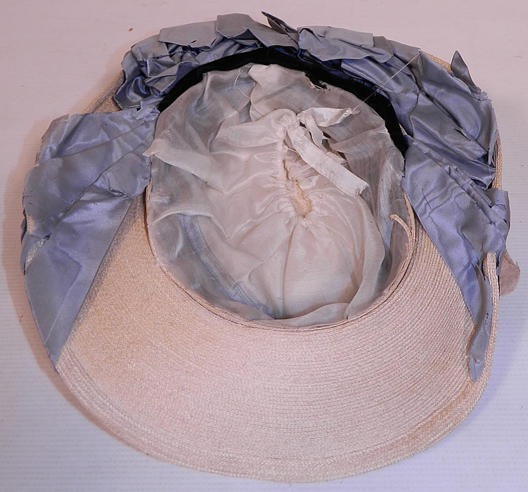 Victorian White Woven Straw Blue Silk Ribbon Floral Trim Wide Brim Gainsborough Hat
It is in good condition, with some frayed splits on the blue silk ribbon trim. This is truly a wonderful piece of wearable millinery art! 