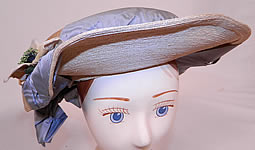 Victorian White Woven Straw Blue Silk Ribbon Floral Trim Wide Brim Gainsborough Hat