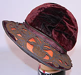 Vintage Burgundy Velvet Orange Silk Brown Cutwork Beaded Trim Wide Brim Cloche Hat