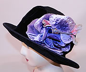 Vintage Hart Hats Black Silk Velvet Wide Brim Purple Flower Flapper Cloche Hat
