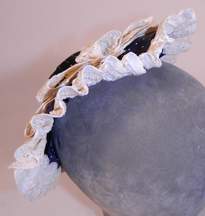 Vintage Navy Blue White Polka Dot Woven Straw Bow Heart Shape Fascinator Hat
This unique womens small sweetheart baby bonnet style heart shape fascinator cocktail hat is worn on the back of the head with a hat pin to hold in place and is fully lined. 