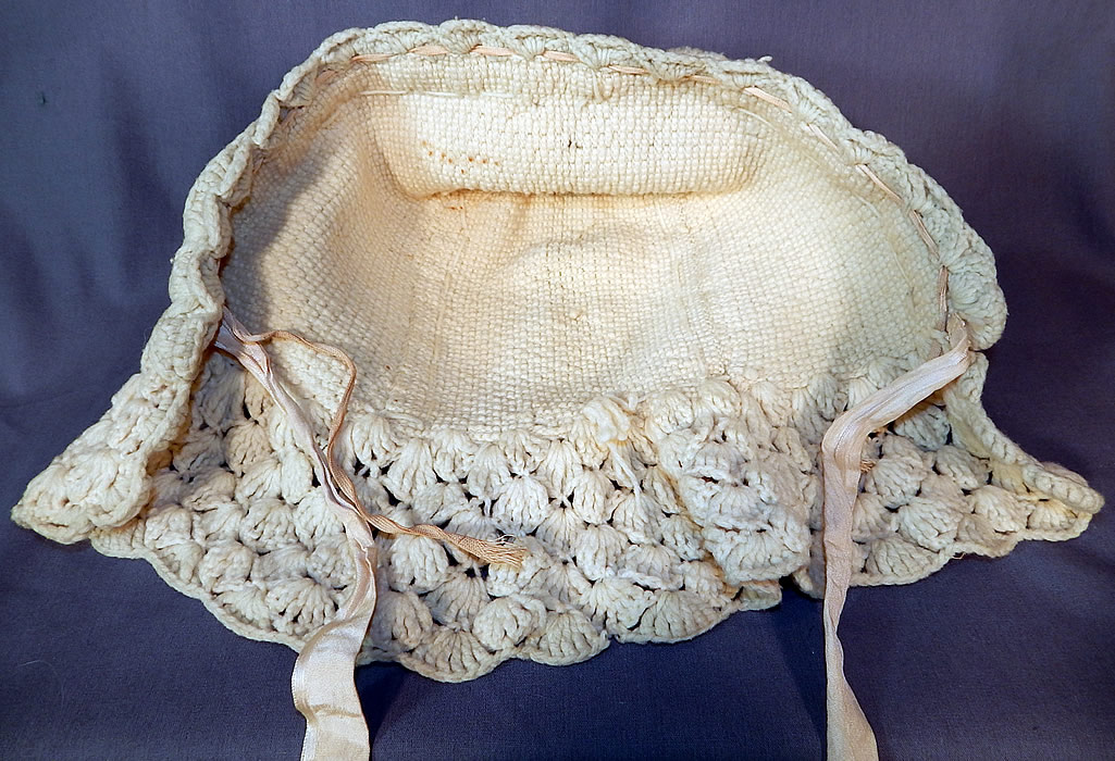 Victorian White Wool Hand Knit Nubby Crochet Winter Sled Carriage Bonnet
he bonnet measures 12 inches long, 8 inches deep and 18 inches around the face. It is in good condition, with only minor wear. This is truly a wonderful piece of wearable Victoriana hand knit art! 