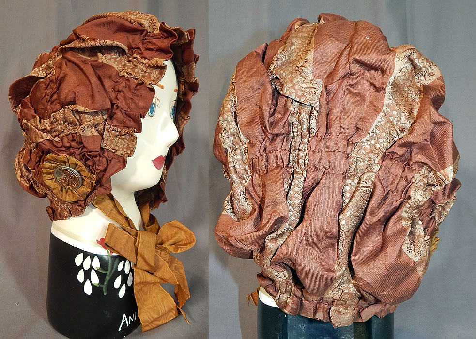 Victorian Brown Silk Ruched Ribbon Steel Cut Button Trim Carriage Bonnet Travel Cap Hat
There are brown silk rosettes with 1 inch decorative steel cut buttons of log cabins rustic outdoors scenes accenting the sides. 