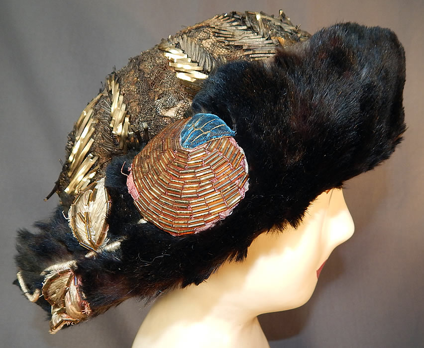 Titanic Edwardian Gold Lamé Lame Lace Beaded Fur Trim Toque Traveling Winter Hat
This antique Edwardian Titanic era gold lamé lace beaded fur trim toque traveling winter hat dates from 1912.