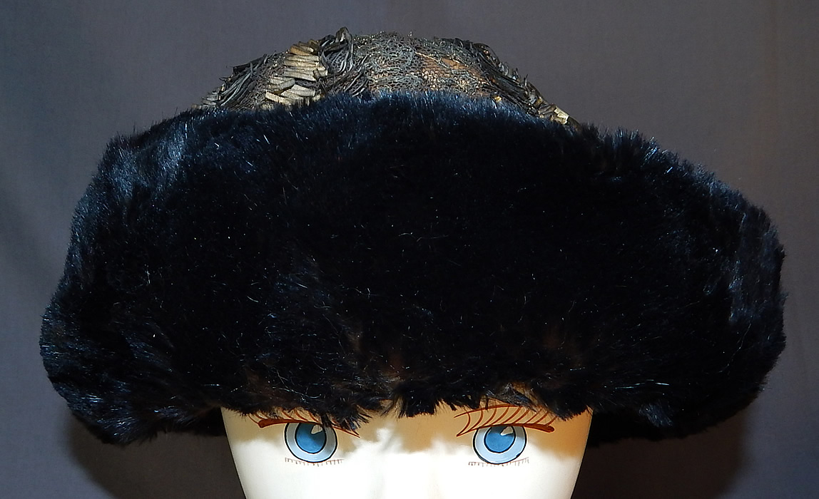 Titanic Edwardian Gold Lamé Lame Lace Beaded Fur Trim Toque Traveling Winter Hat
It is made of a sheer gold lamé lace, gold metallic bullion embroidered top crown, with blue velvet fabric and dark brownish black fur trim brim edging. 