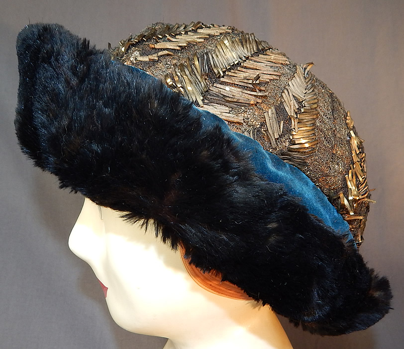 Titanic Edwardian Gold Lamé Lame Lace Beaded Fur Trim Toque Traveling Winter Hat
There is a gold beaded silk embroidered flower appliqué trim sewn onto the side fur brim.