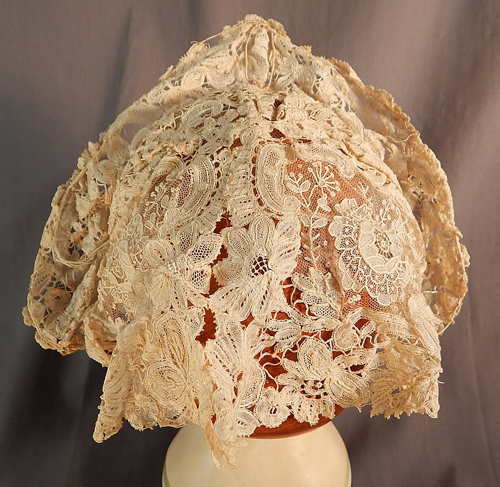 Antique Hand Made Brussels Point de Gaze Duchesse Bobbin Lace Bridal Wedding Hat
The cap measures 12 inches framing around the face, 9 inches long on the back drape and has a 2 inch wide front brim.