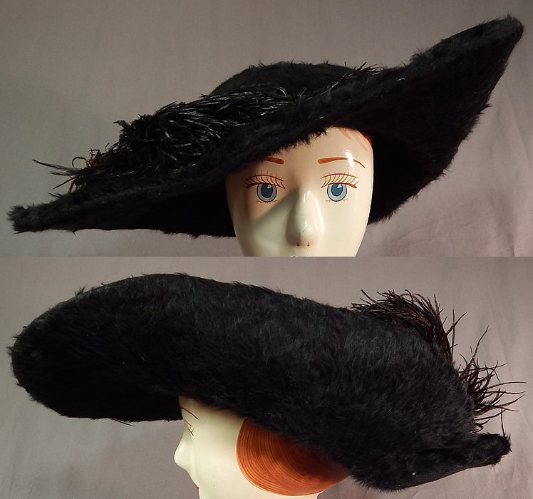 Edwardian Titanic Black Beaver Felt Fur Feather Large Wide Upturned Brim Tricorn Hat
This fabulous furry grand hat has a wide brim upturned along the sides creating a tricorn style and a large oversized round crown. 