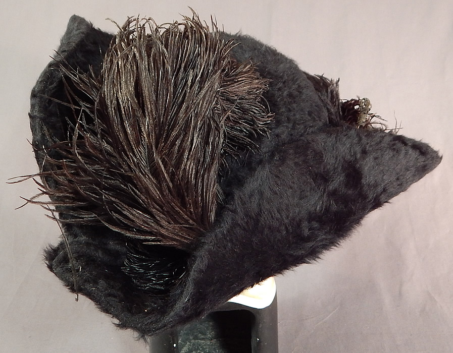 Edwardian Titanic Black Beaver Felt Fur Feather Large Wide Upturned Brim Tricorn Hat
The inside crown is unlined and would have sat atop a large full Gibson Girl style updo hairdo secured with long hat pins. 