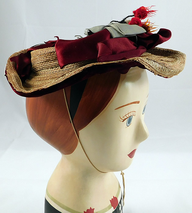 Victorian Womens Natural Straw Pork Pie Wide Brim Bonnet Hat Ribbon Thistle Trim
The hat measures 9 1/2 by 9 1/2 inches and 16 inches inside crown circumference. 