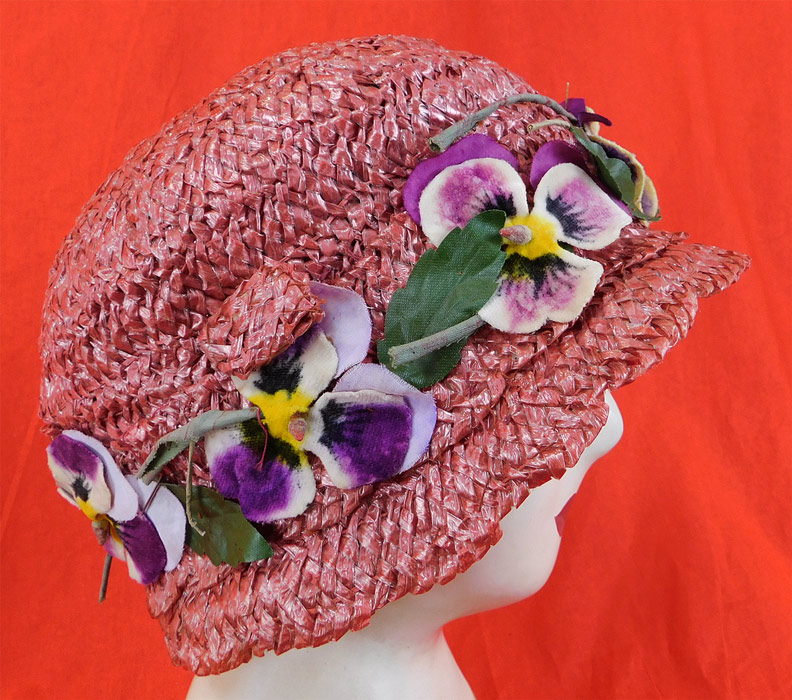 Vintage Woven Pink Straw Purple Velvet Pansy Flower Trim Cloche Hat Hatpin
The hat is a good wearable size measures 23 inches inside crown circumference. 