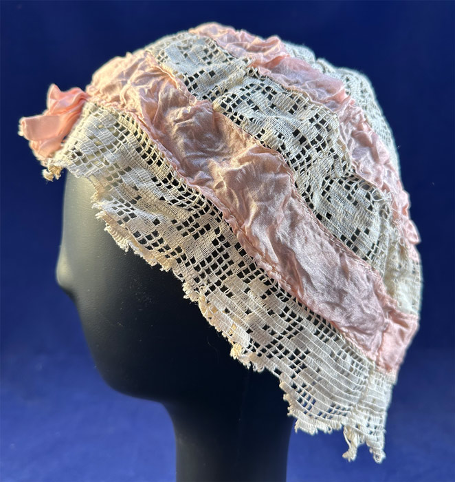 Vintage 1920s Pink Silk Ribbon White Filet Lace Bow Trim  display picture 1