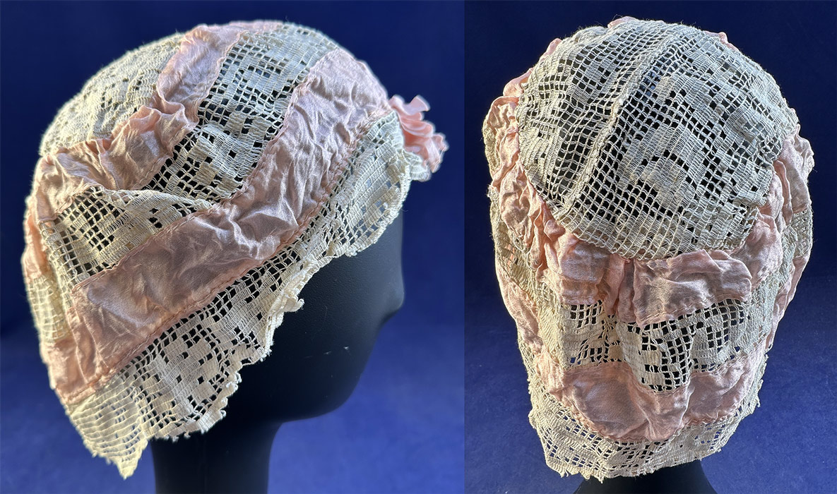 Vintage 1920s Pink Silk Ribbon White Filet Lace Bow Trim Boudoir