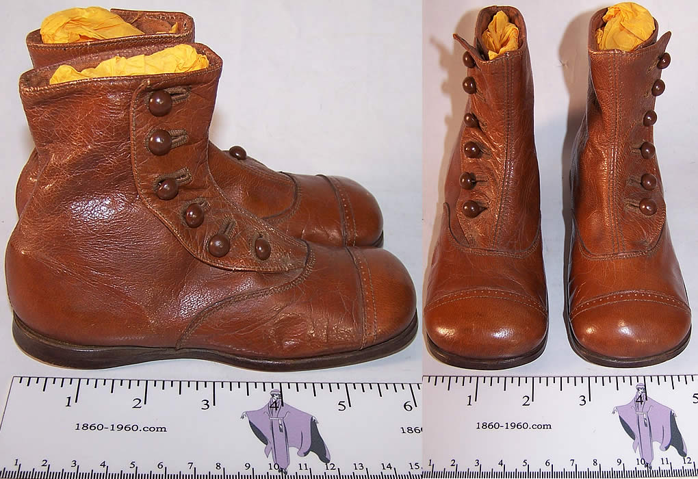 Victorian Brown Tan Leather High Button Child Baby Boots   Front view.