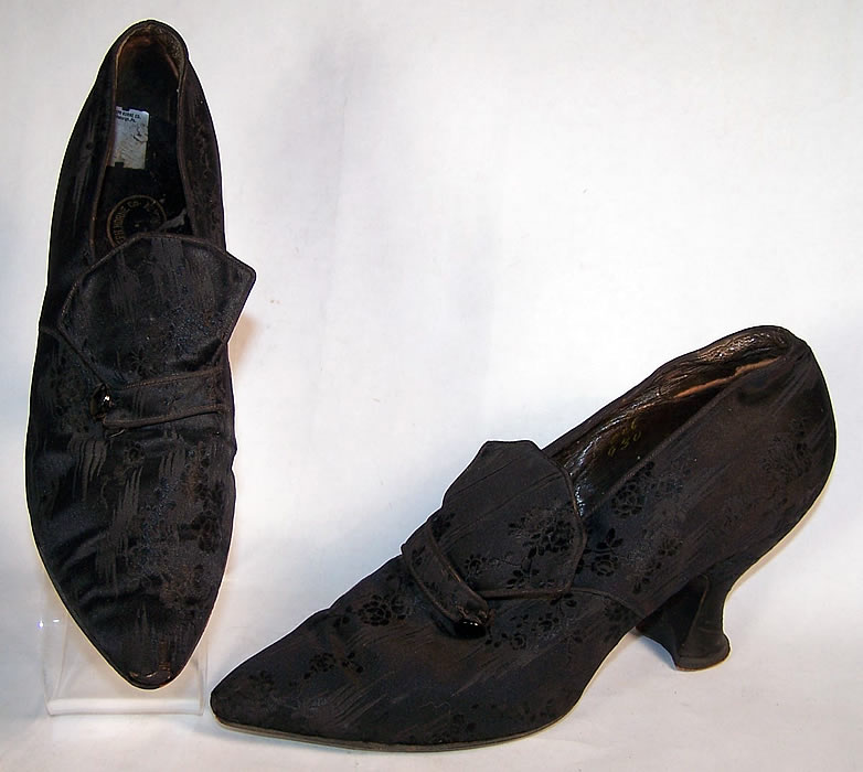 Joseph Horne Co. Edwardian Black Silk Damask Shoes   Front view.