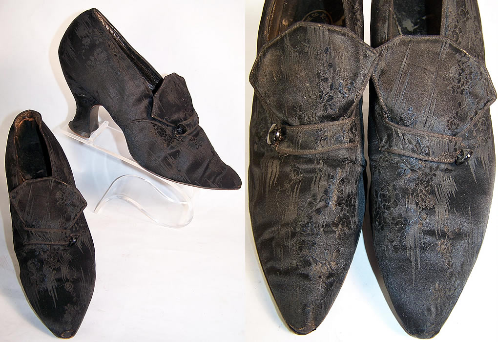 Joseph Horne Co. Edwardian Black Silk Damask Shoes front view.