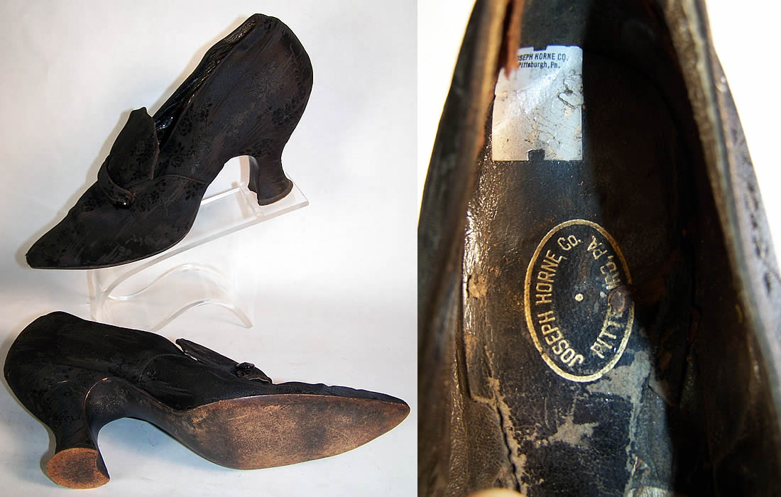 Joseph Horne Co. Edwardian Black Silk Damask Shoes  Close up.