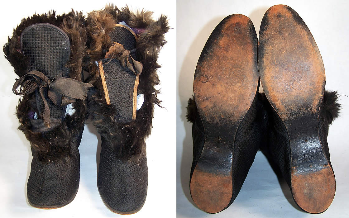 Victorian Black Silk Quilted Fur Trim Winter Carriage Boots Front & Bottom View.