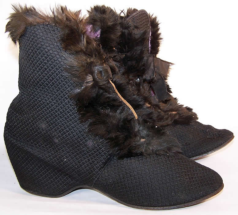 Victorian Black Silk Quilted Fur Trim Winter Carriage Boots  side view.