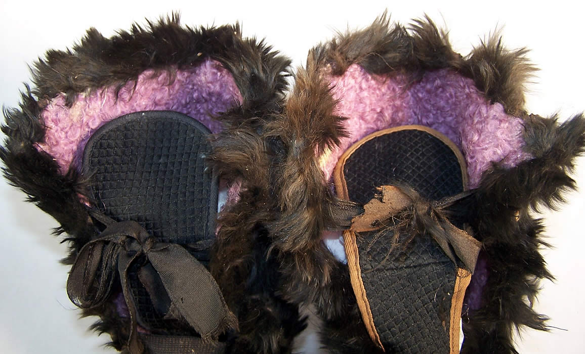 Victorian Black Silk Quilted Fur Trim Winter Carriage Boots  Close up.