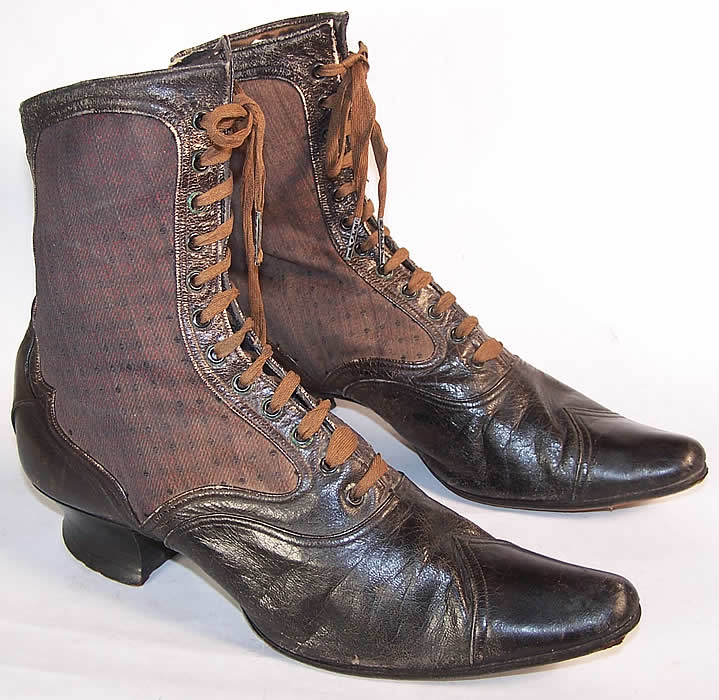 Victorian Red Silk Brocade Pointed Toe High Top Boots Side View.