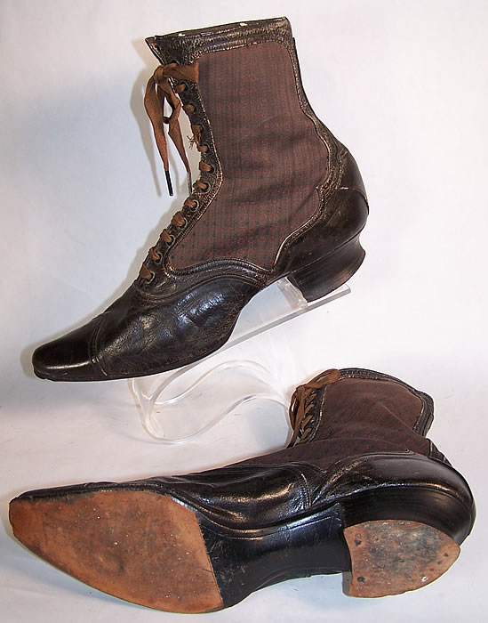 Victorian Red Silk Brocade Pointed Toe High Top Boots  Close up.