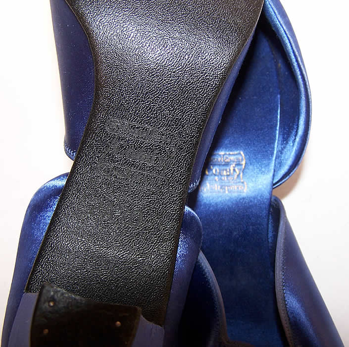 Vintage Daniel Green Comfy Royal Blue Satin Slippers Shoes Close up.