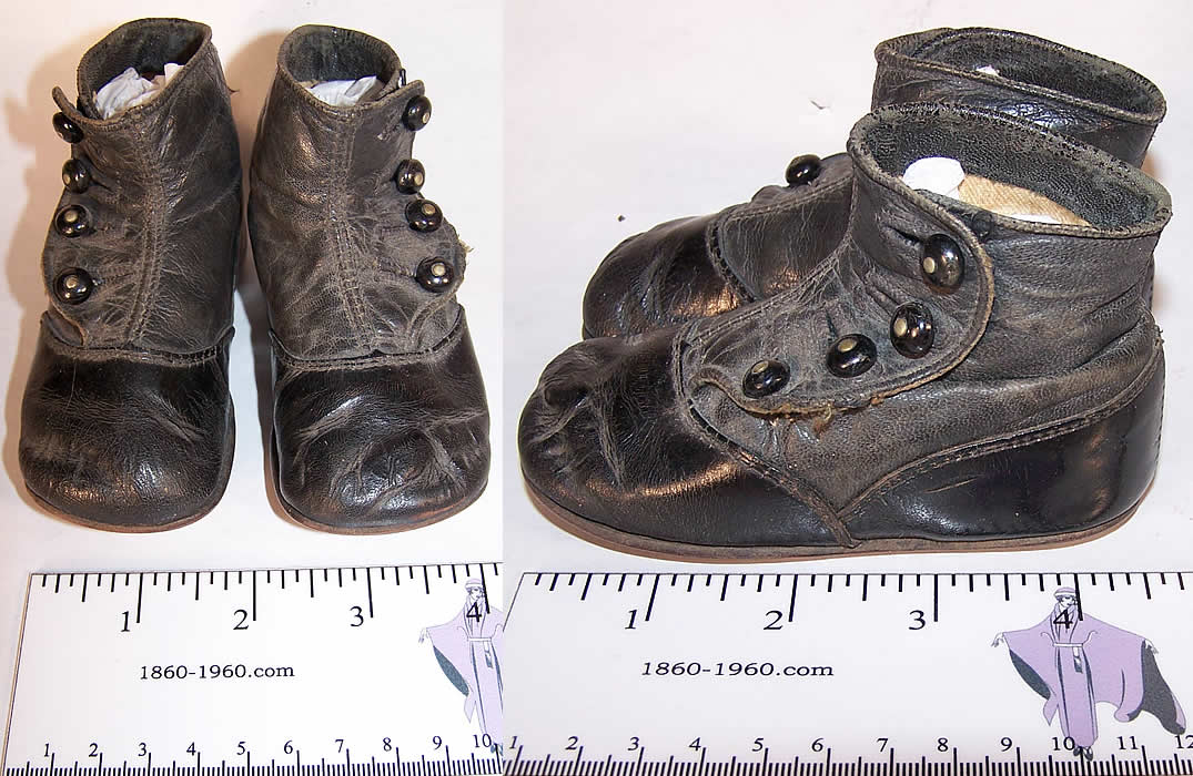 Victorian Black Leather High Button Infant Baby Boots Shoes  Front view.