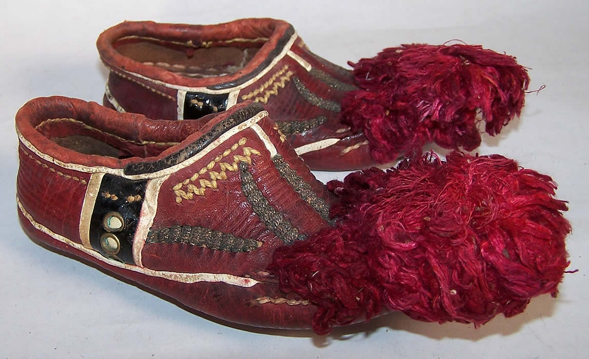 Greek Opanke Tsarouhi Childs Red Pompom Shoes Side View.