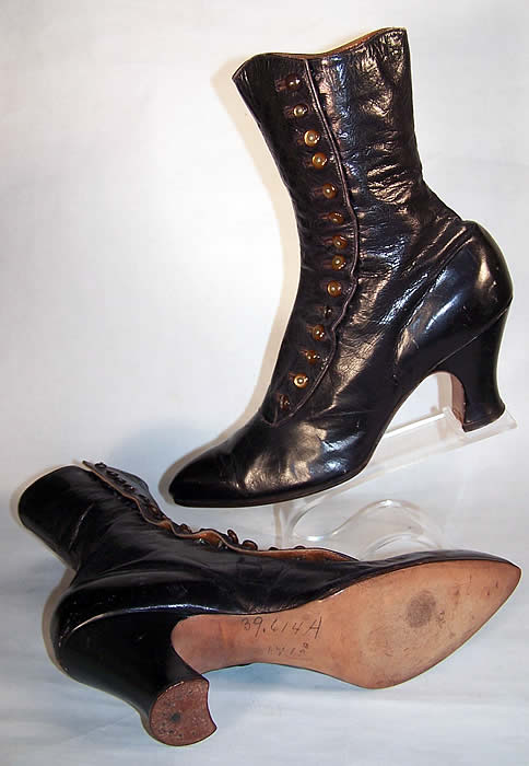 Victorian Bronze Brown Leather High Top Button Boots  side view.