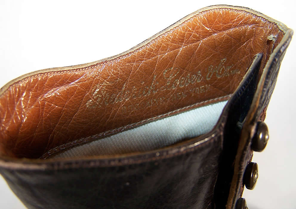 Victorian Bronze Brown Leather High Top Button Boots  Close up.