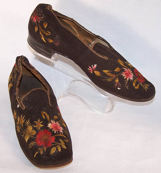 Victorian Gentlemen's Brown Wool Embroidered Slipper Shoes  side view.