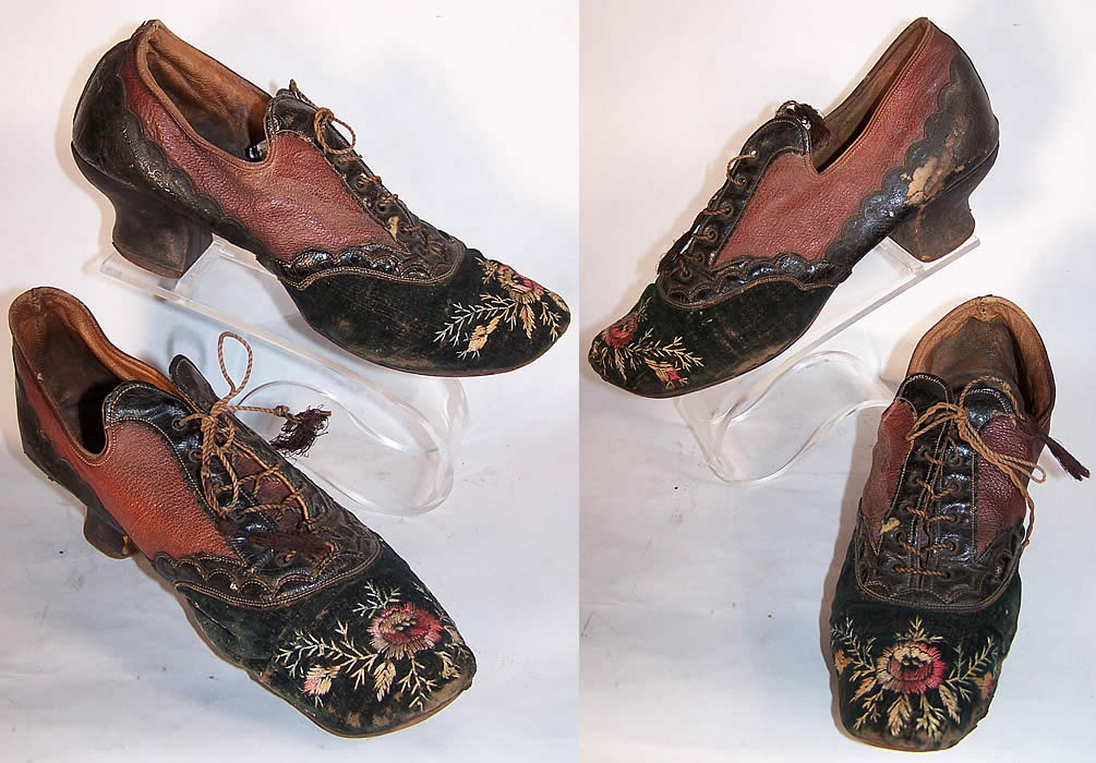 Victorian Red & Black Embroidered Velvet Leather Shoes   Front view.