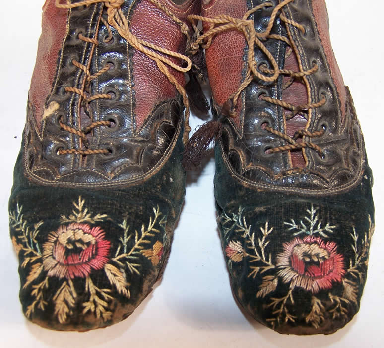 Victorian Red & Black Embroidered Velvet Leather Shoes close-up view.