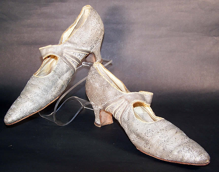 Art Deco Silver Lamé Brocade Mary Jane Button Strap Shoes  Front view.