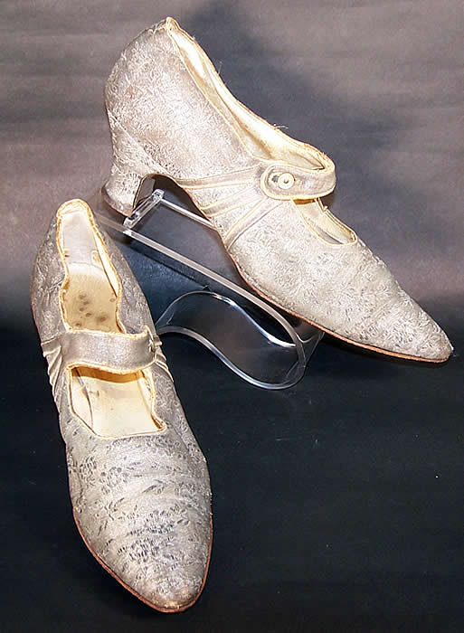 Art Deco Silver Lamé Brocade Mary Jane Button Strap Shoes front side view.