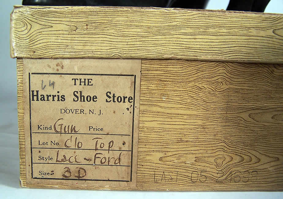 Unworn Edwardian Harris Shoe Store Black Leather Wool Boots Box Close up.