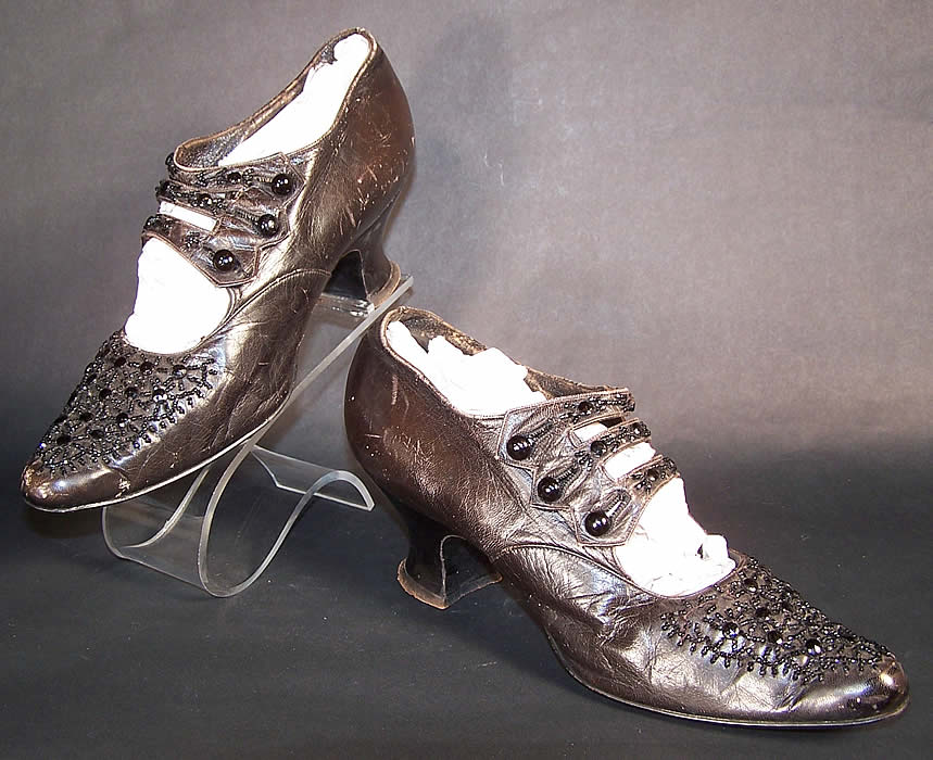 Edwardian Black Leather Jet Beaded Button Strap Evening Shoes   Front view.