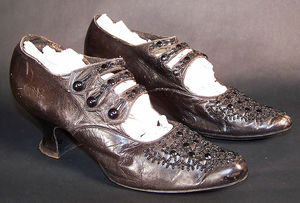 Edwardian Black Leather Jet Beaded Button Strap Evening Shoes Side View.