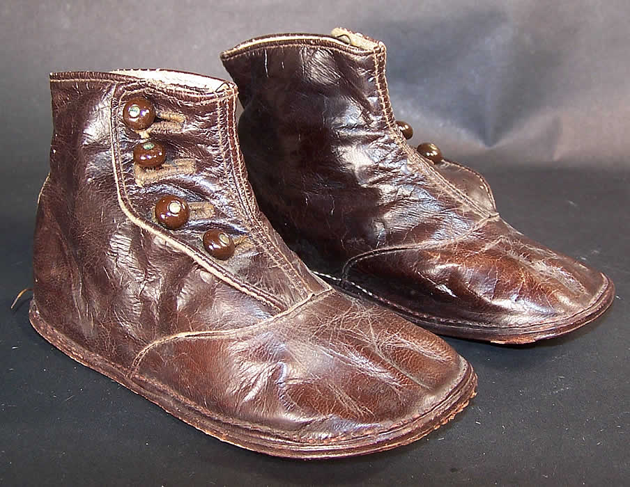 Edwardian Dark Brown Leather High Button Child Baby Boots Shoes Front View.